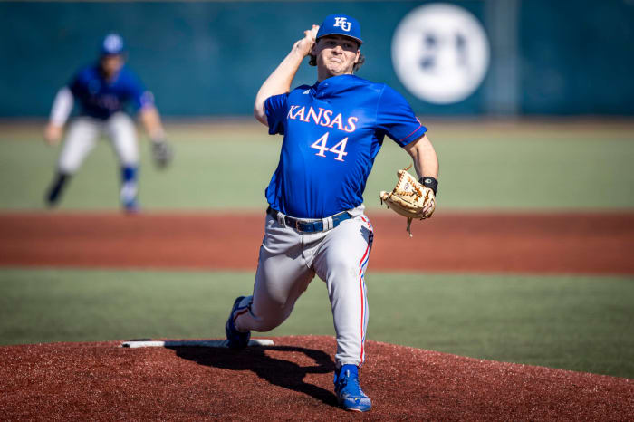 Sam Ireland pitches during game 2 of the Kansas Jayhawks' series against the Belmont Bruins.